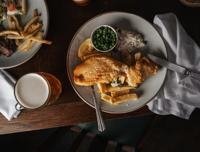 Fish and chips and a pint at The Black Friar