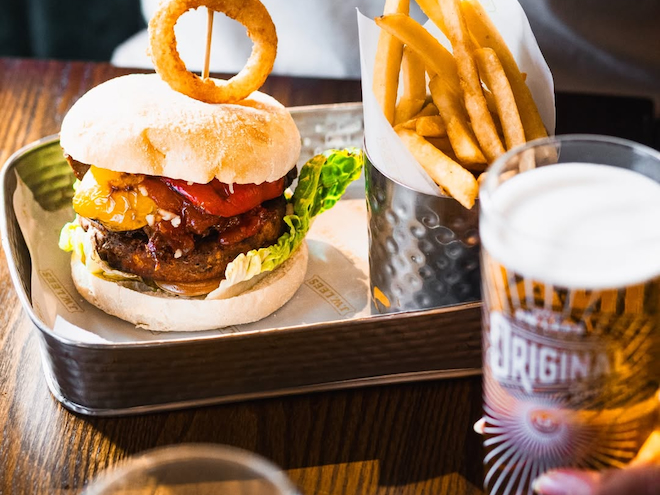 A burger, fries and a pint at Founder's Hall in Manchester