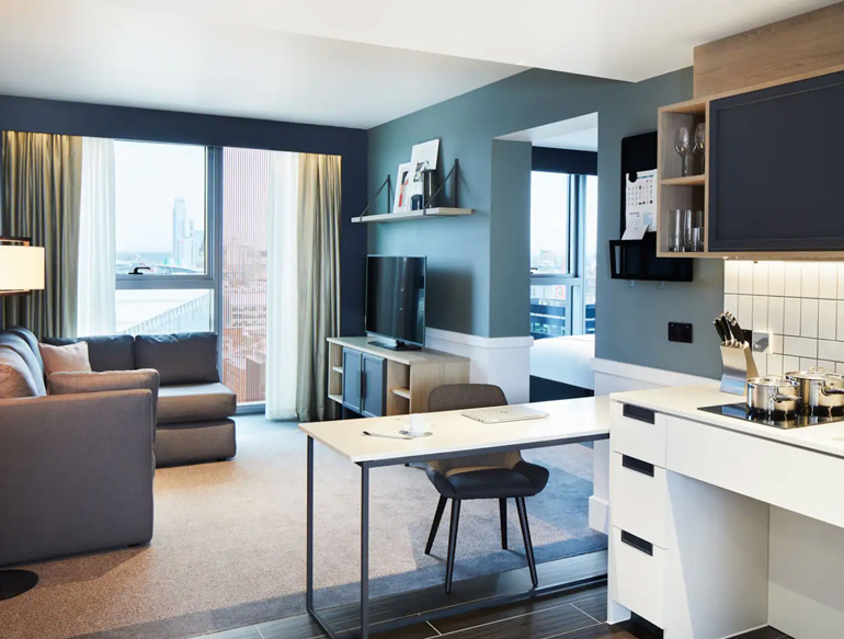 Accessible kitchenette and living room at Hyatt House, Manchester