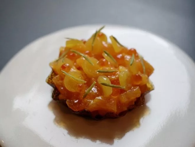 Chalk stream trout tart with golden beetroot at Skof