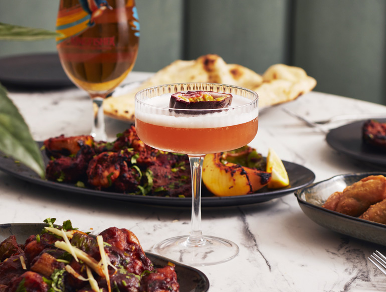 Cocktail and dishes at Namaste Nepal, Manchester