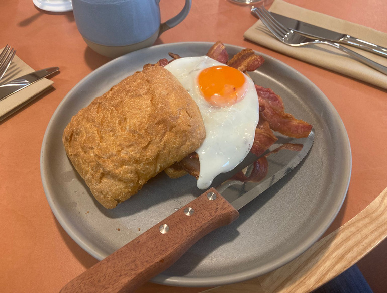 Bacon and egg barm at Junction, Manchester