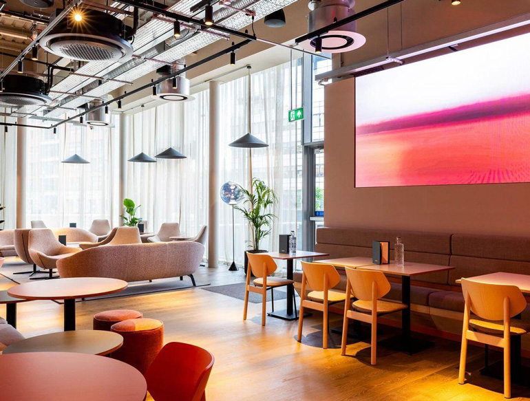 Interior, cafe and social workspace at Junction, Manchester