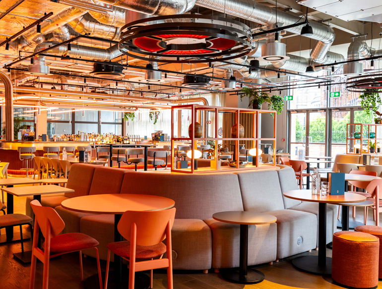 Interior, open plan dining at Junction, Manchester