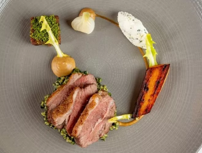 Hay-roast rump and harissa marinated shoulder of Cumbrian Herdwick lamb with tabouleh , summer greens, lamb-fat carrot and aubergine puree