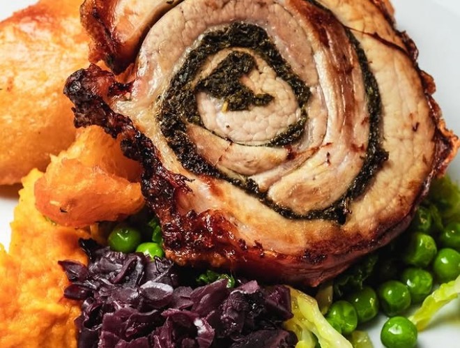 Roast pork, red cabbage and peas at 10 Tib Lane