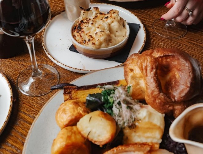 Sunday roast at The Black Friar with cauliflower cheese, Yorkshire pudding and roast potatoes