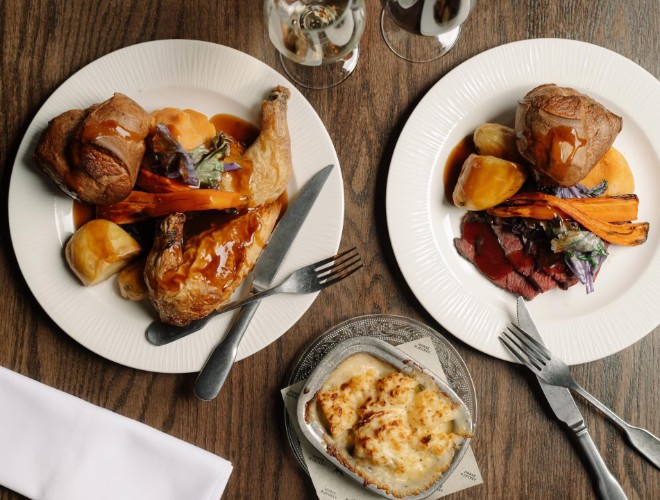 Sunday roasts at The Horse & Jockey with roast chicken on the left and roast beef on the right