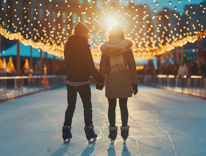 A couple ice skating at Boxpark Liverpool.