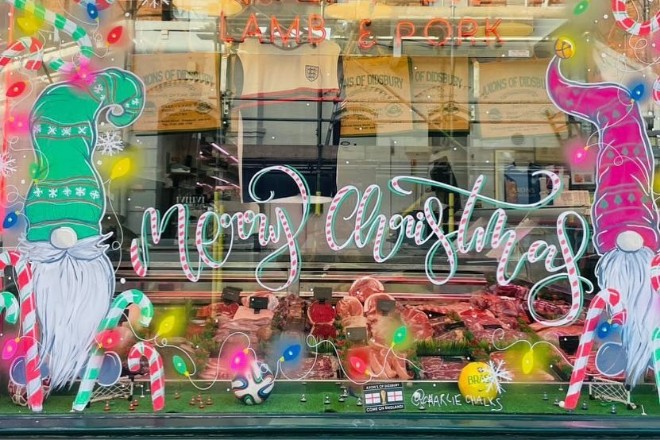 Christmas window display at Axons of Didsbury, one of Manchester's top independent food traders