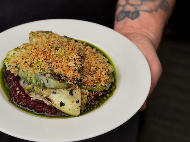 Hispi cabbage with bagna cauda and red onion jam at Stow.