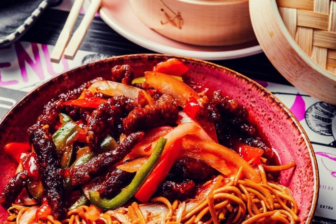 Crispy beef and noodles at Maggie Fu Hanover Street