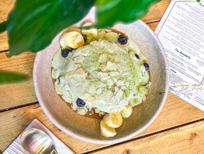 Matcha pancakes topped with banana, blueberry and almonds at The Vibe Cafe in Liverpool.