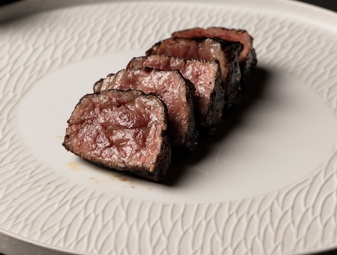 Sliced A5 wagyu steak at KAJI