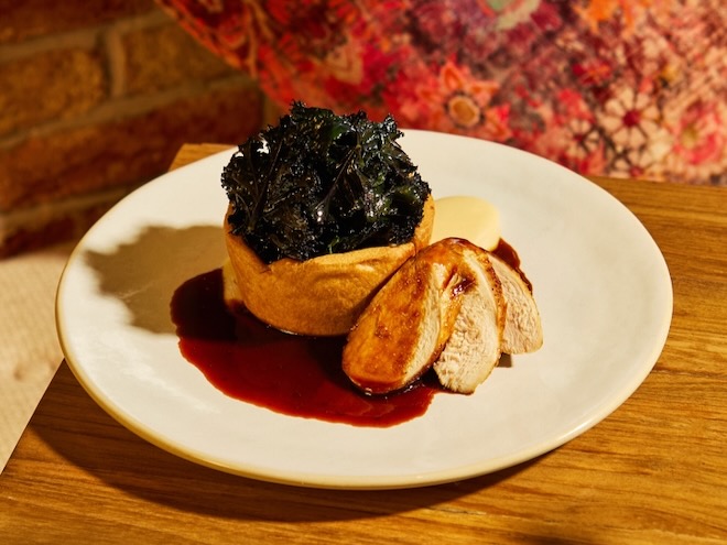 Chicken and leek open pie with celeriac purée at Pip in Manchester.