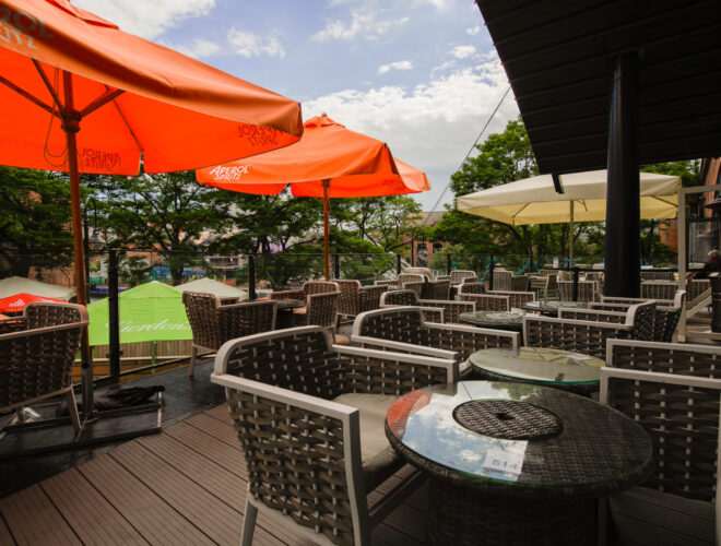 The outdoor terrace at Barca Bar & Restaurant in Castlefield