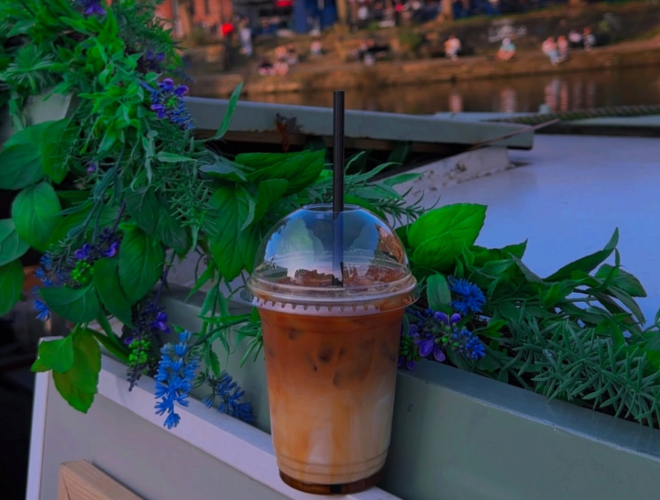 Iced latte served up from a canal boat in Castlefield with The Coffee & Cake Boat