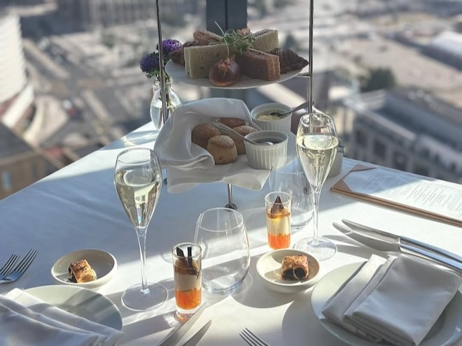 Afternoon tea amongst the clouds at Panoramic 34 in Liverpool.
