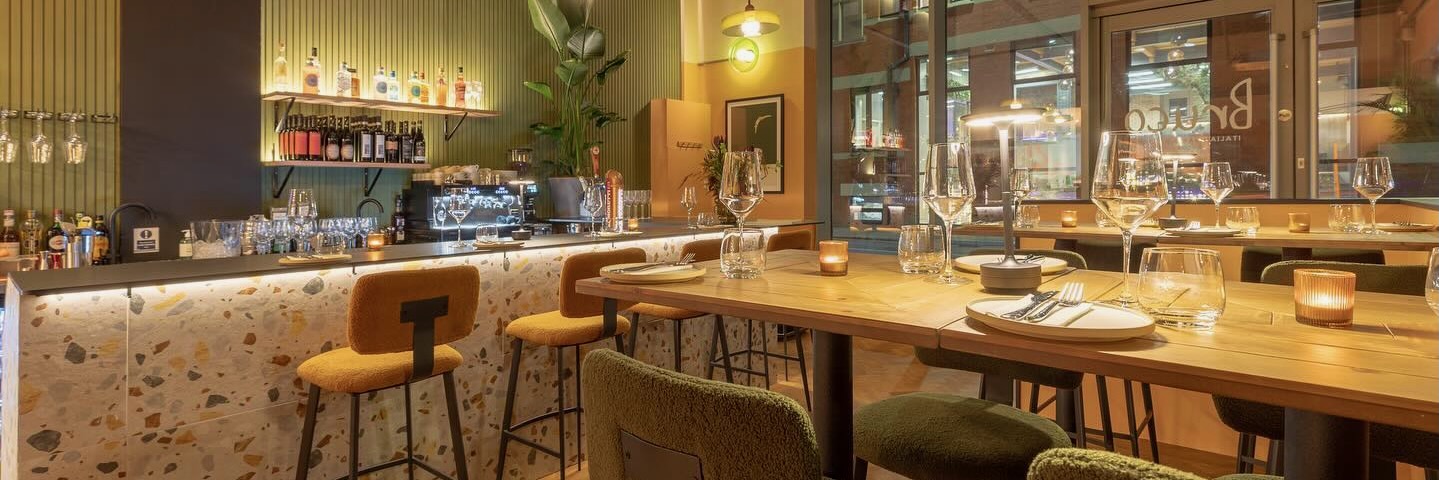 The interior of Bruco - an Italian restaurant in Ancoats, Manchester.
