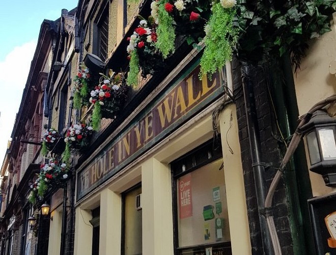 The front of Ye Olde Hole in the Wall, an historic pub in Liverpool.