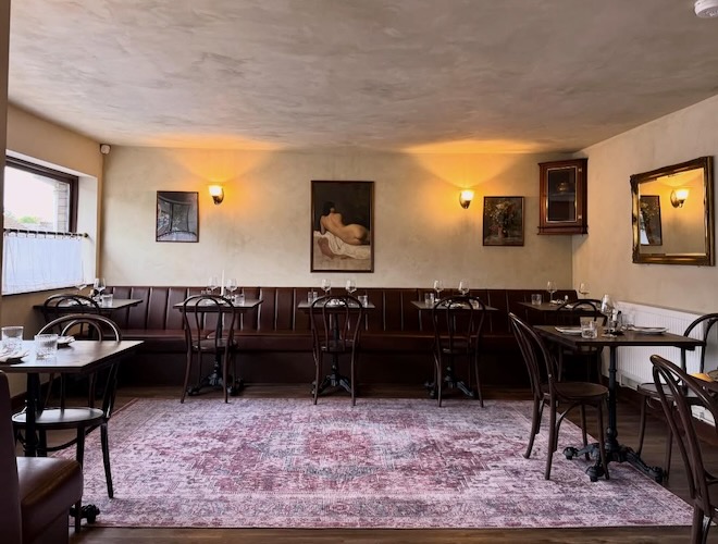 The upstairs dining room at Almanac in Glossop.