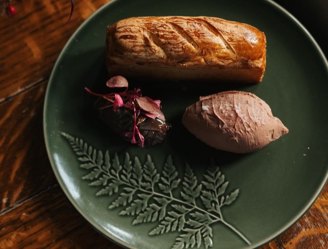 Chicken liver and port parfait with red onion marmalade and a mini milk loaf from the festive menu at The Black Friar in Salford.