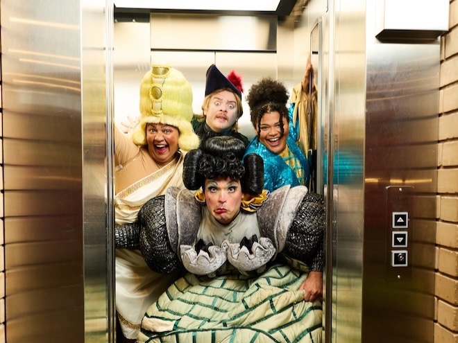 The cast of Rumplestiltskin at Contact Theatre squeezed into a lift.