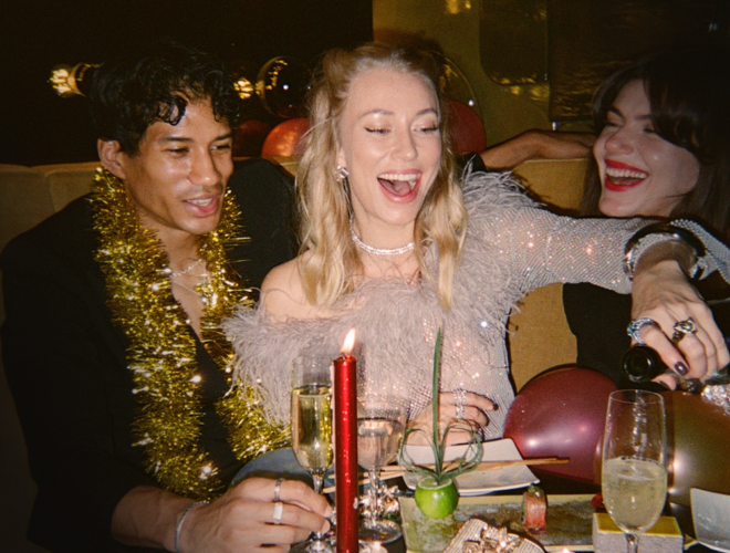 New Year's Eve at Chotto Matte with glamorous people, Champagne, tinsel and balloons