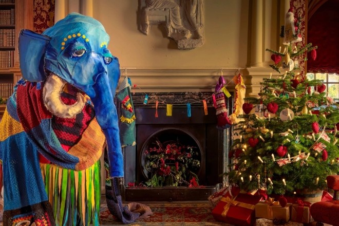 A model elephant and a Christmas tree at Lyme Park, part of the Animal Crackers trail