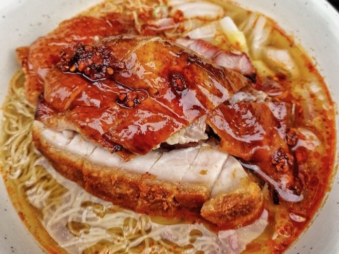 Roasted meats with noodles at Happy Seasons, Manchester.