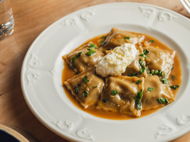 New season onion ravioli and house ricotta at Higher Ground in Manchester.