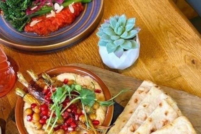Vegan dishes from Allotment including roasted carrots, hummus and pomegranate