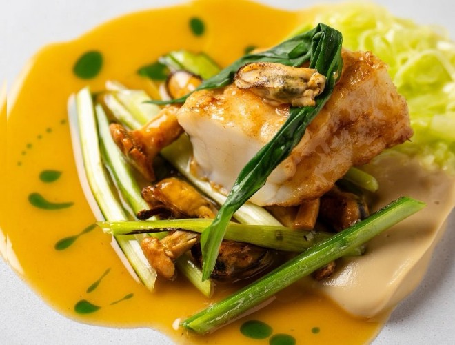 Roasted monkfish with miso mussel reduction at Manifest