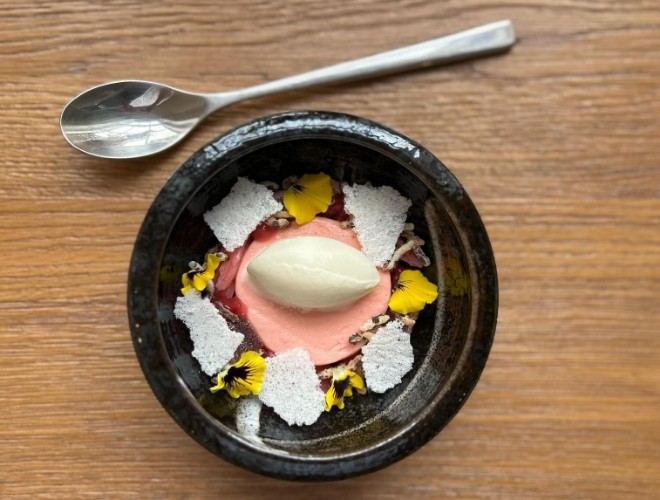 Forced rhubarb curd with poached rhubarb at Vetch