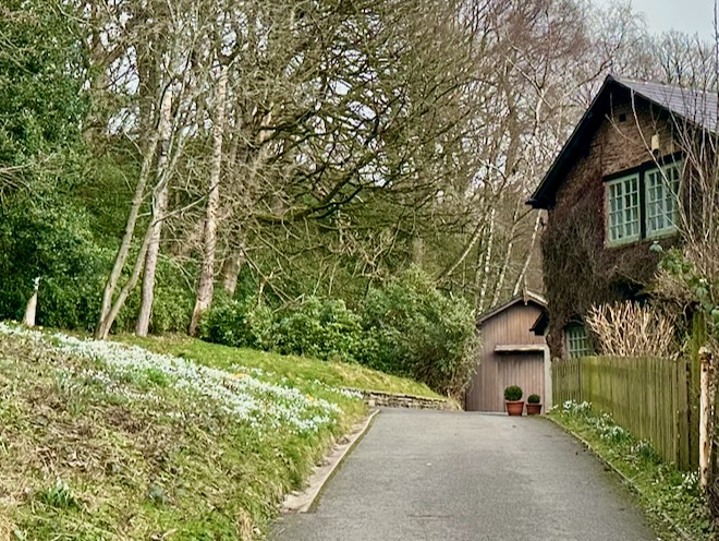 Hirst Cottage with snowdrops outside at Etherow Park.