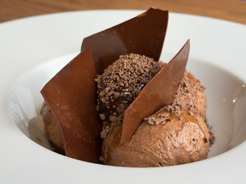 Chocolate Ice cream dessert with pieces of chocolate and shavings sprinkled on top, served at Riva Hale Restaurant.