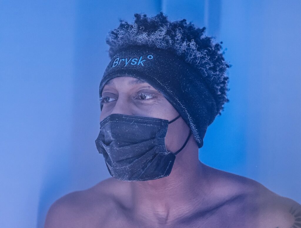 An athlete in a cryotherapy chamber at Brysk.