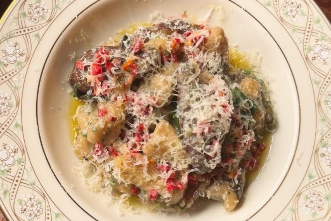 Hand-rolled cavatelli with jerusalem artichoke cream with chard, chestnuts and cheddar