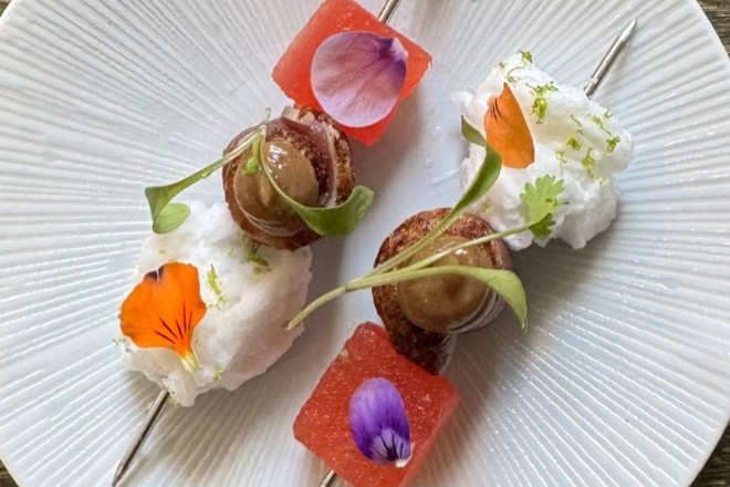 Duck ham, compressed watermelon and lime pickle