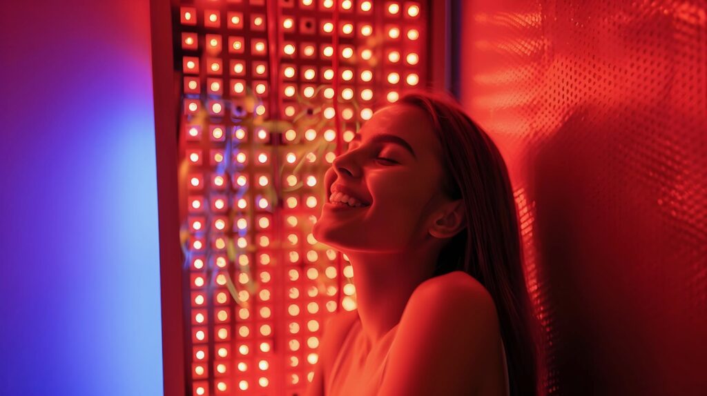 A girl having red light therapy.