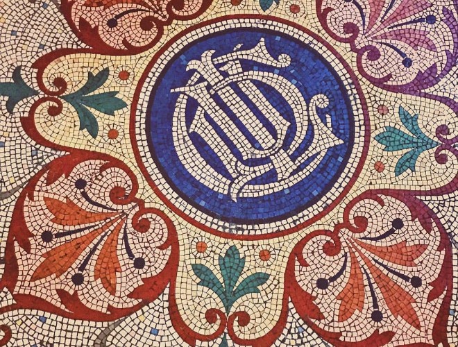 The mosaic tiled floor at Levenshulme Antiques Village