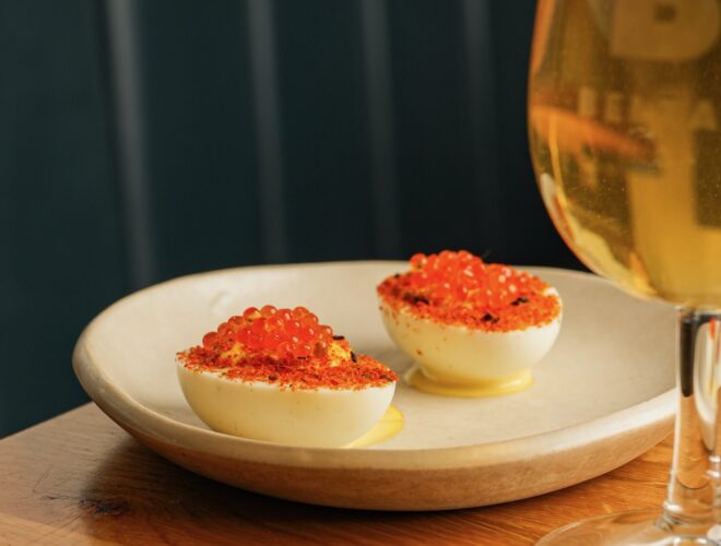 Eggs with cod roe at Belzan in Liverpool.