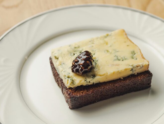 Bath Blue cheese on malt cake with a candied pine cone at Higher Ground in Manchester.