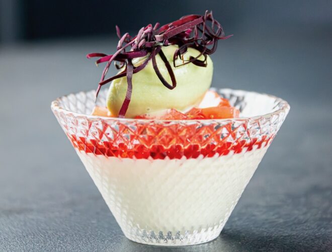 Baked Yoghurt, Gariguette Strawberries & Sorrel at Restaurant 8 in Liverpool.