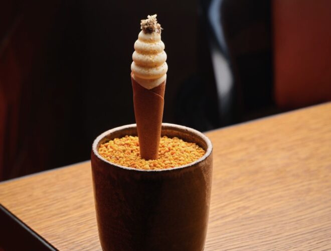 Manchester honey ice cream with salted brown butter, rum & raisin toffee, and black truffle at Skof in Manchester.