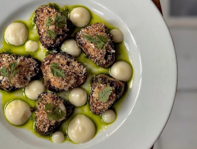 BBQ celeriac with garlic & celeriac puree, anchovy crumb, tarragon at Stow in Manchester.