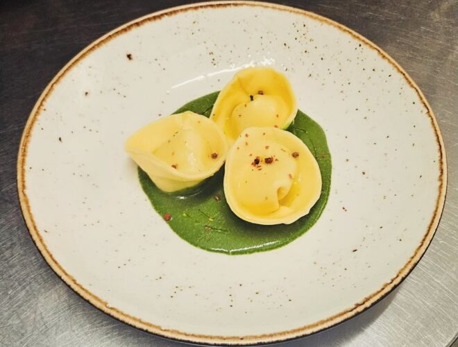 Handmade tortelli on smooth spinach purée at The Sparrows in Manchester.
