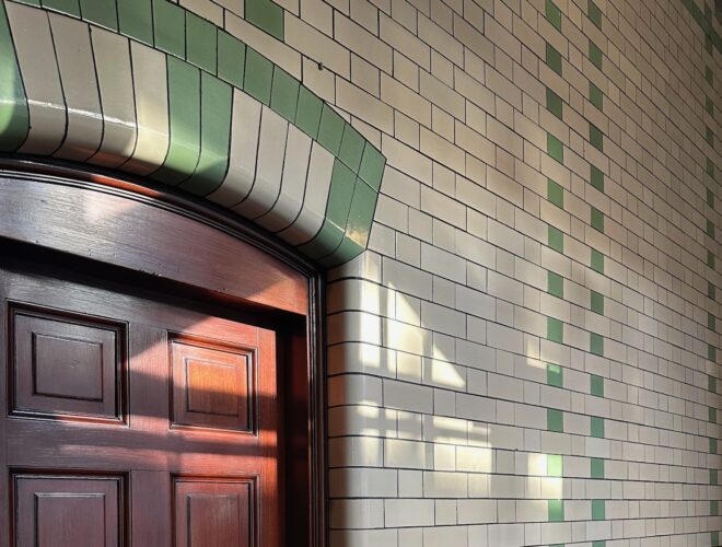 A detail of the glazed brickwork at the Kimpton Clocktower Hotel.
