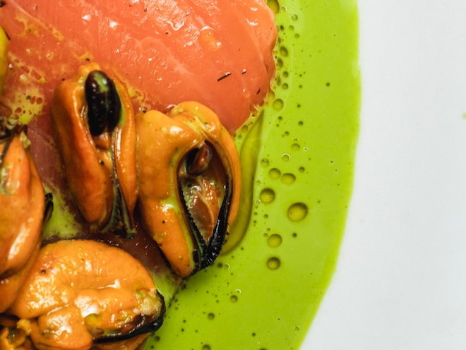 Smoked salmon and mussels in a green sauce served at 10 Tib Lane in Manchester.