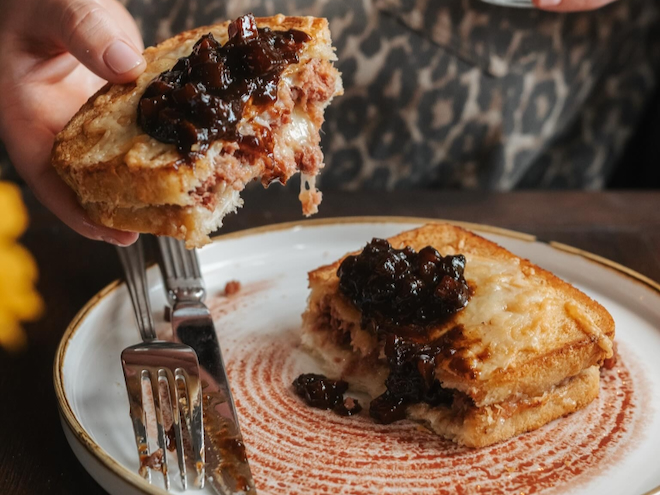The Boddies Toastie - corned beef, cheese and onion and pickle on rarebit served at The Black Friar in Salford